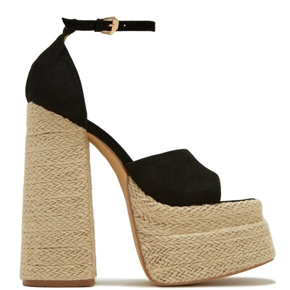 NEW🔥 Black Open Toe Raffia Double Platform Chunky Block Heel Sandal Ankle Strap - Picture 3 of 4